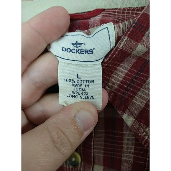 DOCKERS Men Red Blue Creme Plaid collared Long Sleeve Button dress Shirt Size L - Picture 10 of 13